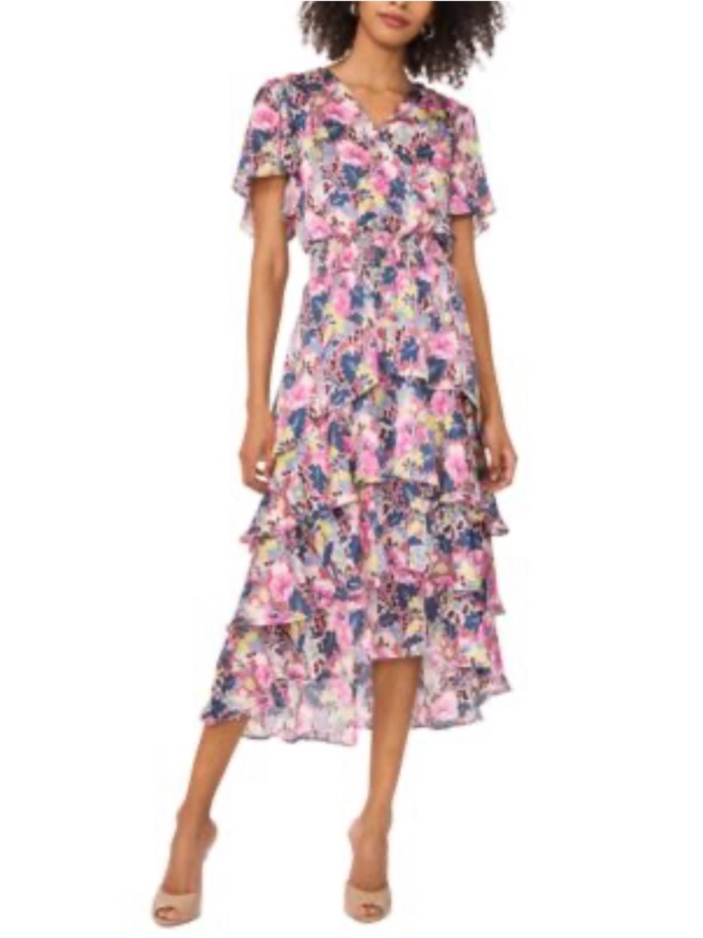 Vince Camuto Pink Floral Flutter Sleeve Tie Waist Midi Dress Sz 1X NWT